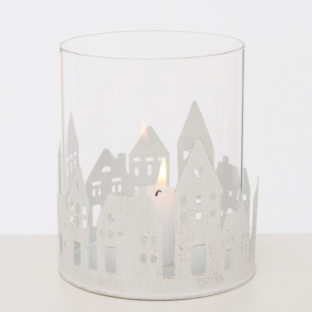 Lykt med glass og hus 15 cm hvit