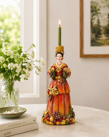Lysestake rød/orange dame med frukt - 1 lys