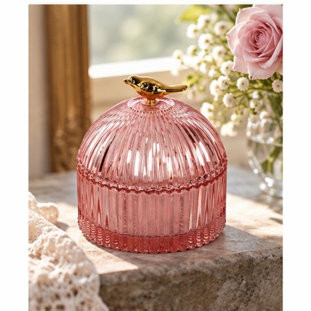 Smykkeskrin rosa med gullfugl