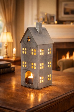 Hus i metall grått 33 cm