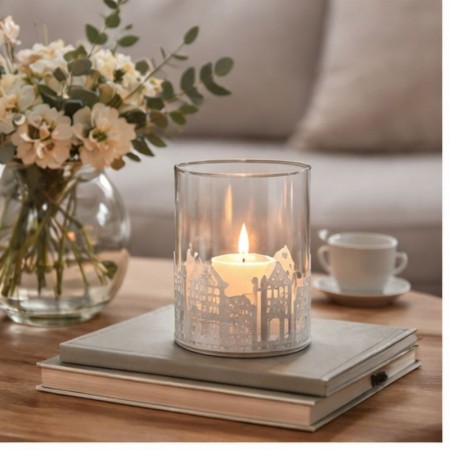 Lykt med glass og hus 10 cm hvit