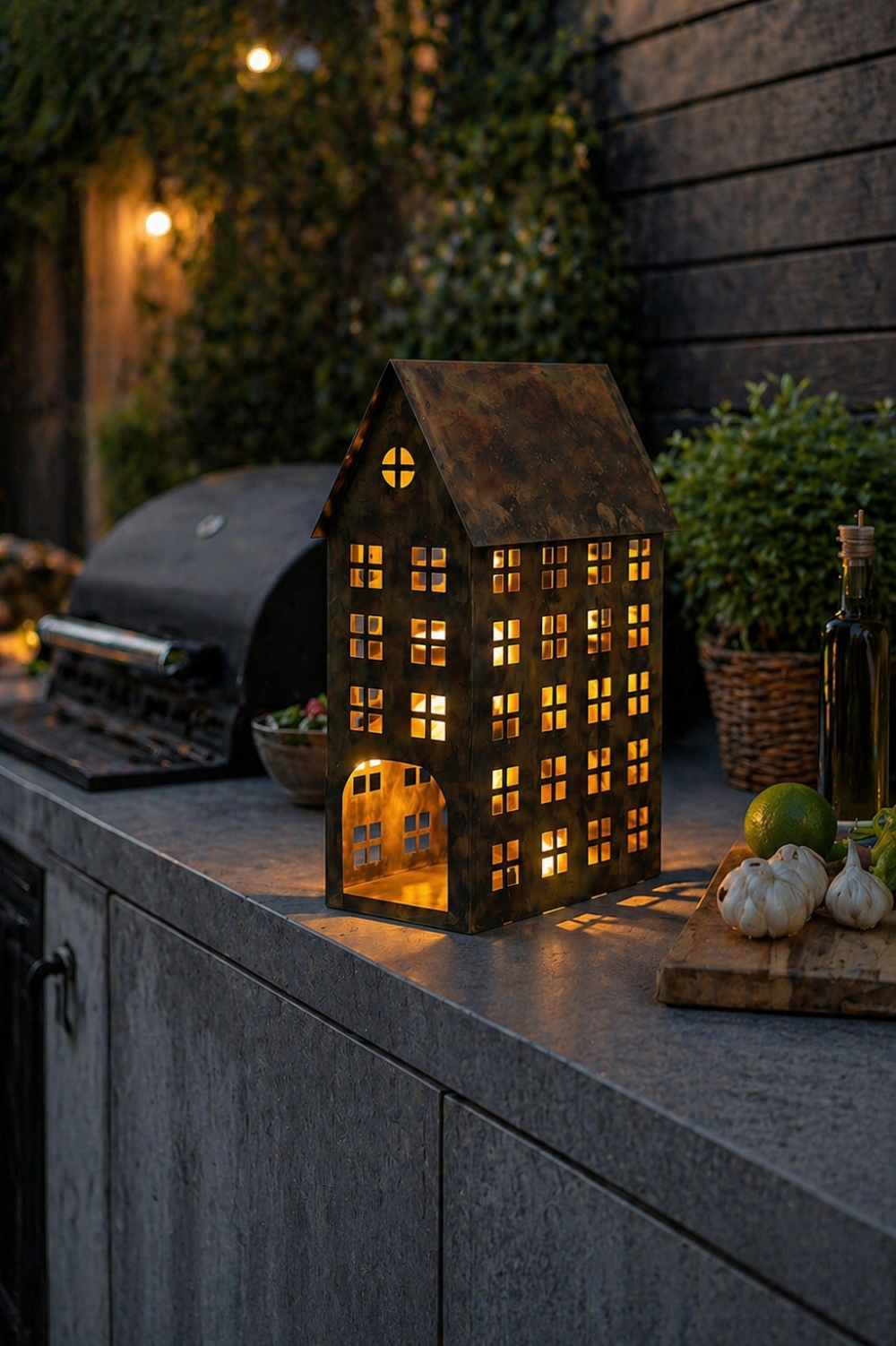 Antikk brun farge, smal i formen med god høyde sånn at den passer fint i vinduskarmer, hyller og de fleste steder. Utrolig koselig å ha ute i sommersesongen med lyslenke. Gir fint lys gjennom alle vinduene og høyden fører til at den gjør litt ut av seg!