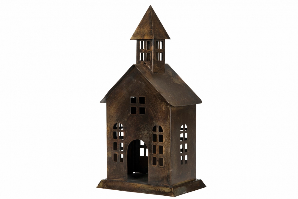 Fargen er antikk brun. Kirken er flott både inne og ute. Passer godt på ett lysfat sammen med andre ting, i vinduskarmen, på en hylle eller ute sammen med annen pynt. Nydelig med ledlys ute på sommerkveldene.